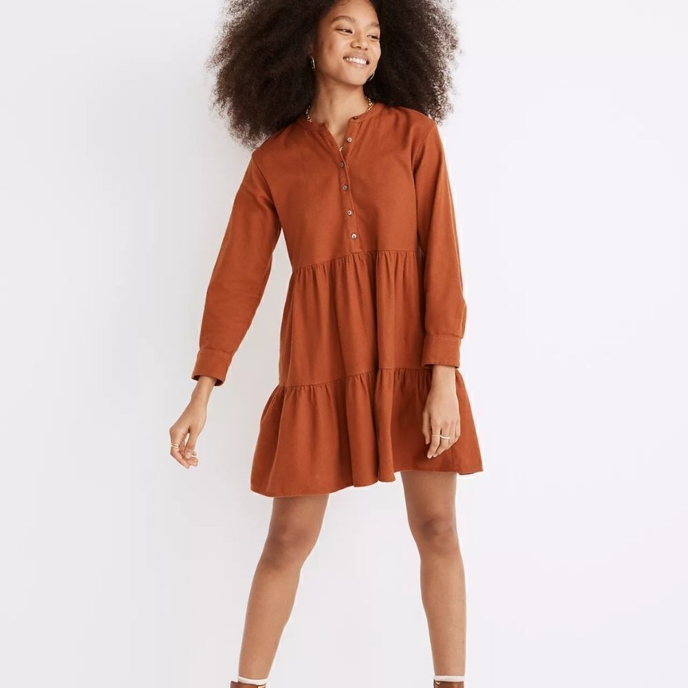 NEW WITH TAGS MADEWELL BUTTON PLACKET TIERED COTTON FLANNEL MINI DRESS
